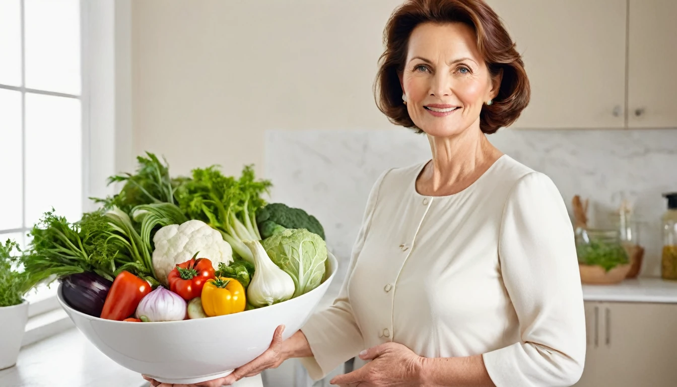 Gentle middle-aged mother,Standing posture,Slightly sideways,Holding a large white bowl of vegetables,Kind expression