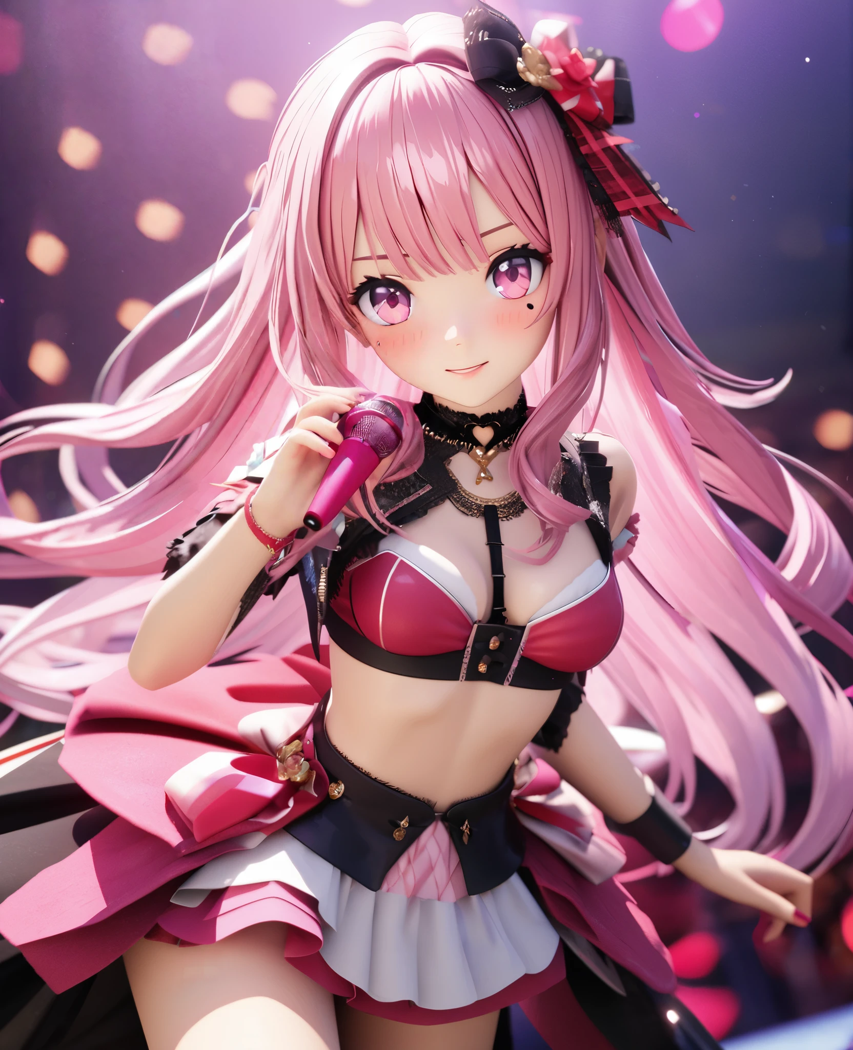 masterpiece,highest quality, Very detailed, High resolution, expensive resolution, High resolution, 4K, 8k, unity 8k wallpaper, Very detailed CG, masterpiece, 2D, 3D, Beautiful details, depth, Fine texture , highest quality: 1.3, Fully focused, Crispy.skin, .he,
Very cute anime girl 、idol, bikini、Large Breasts、Pink medium-long hair wearing expensive , Mole under the eye, looking at the viewer , expensive , blush, Mole, Lips parted, Pink Eyes, Heart-shaped choker smile