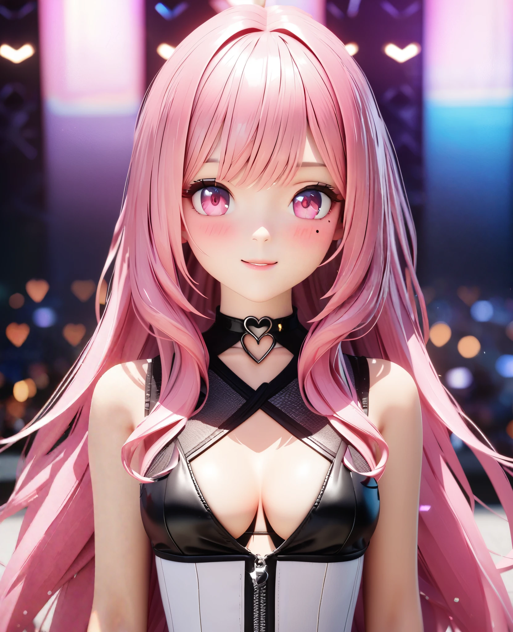 masterpiece,highest quality, Very detailed, High resolution, expensive resolution, High resolution, 4K, 8k, unity 8k wallpaper, Very detailed CG, masterpiece, 2D, 3D, Beautiful details, depth, Fine texture , highest quality: 1.3, Fully focused, Crispy.skin, .he,
Very cute anime girl 、idol, bikini、Large Breasts、Pink medium-long hair wearing expensive , Mole under the eye, looking at the viewer , expensive , blush, Mole, Lips parted, Pink Eyes, Heart-shaped choker smile