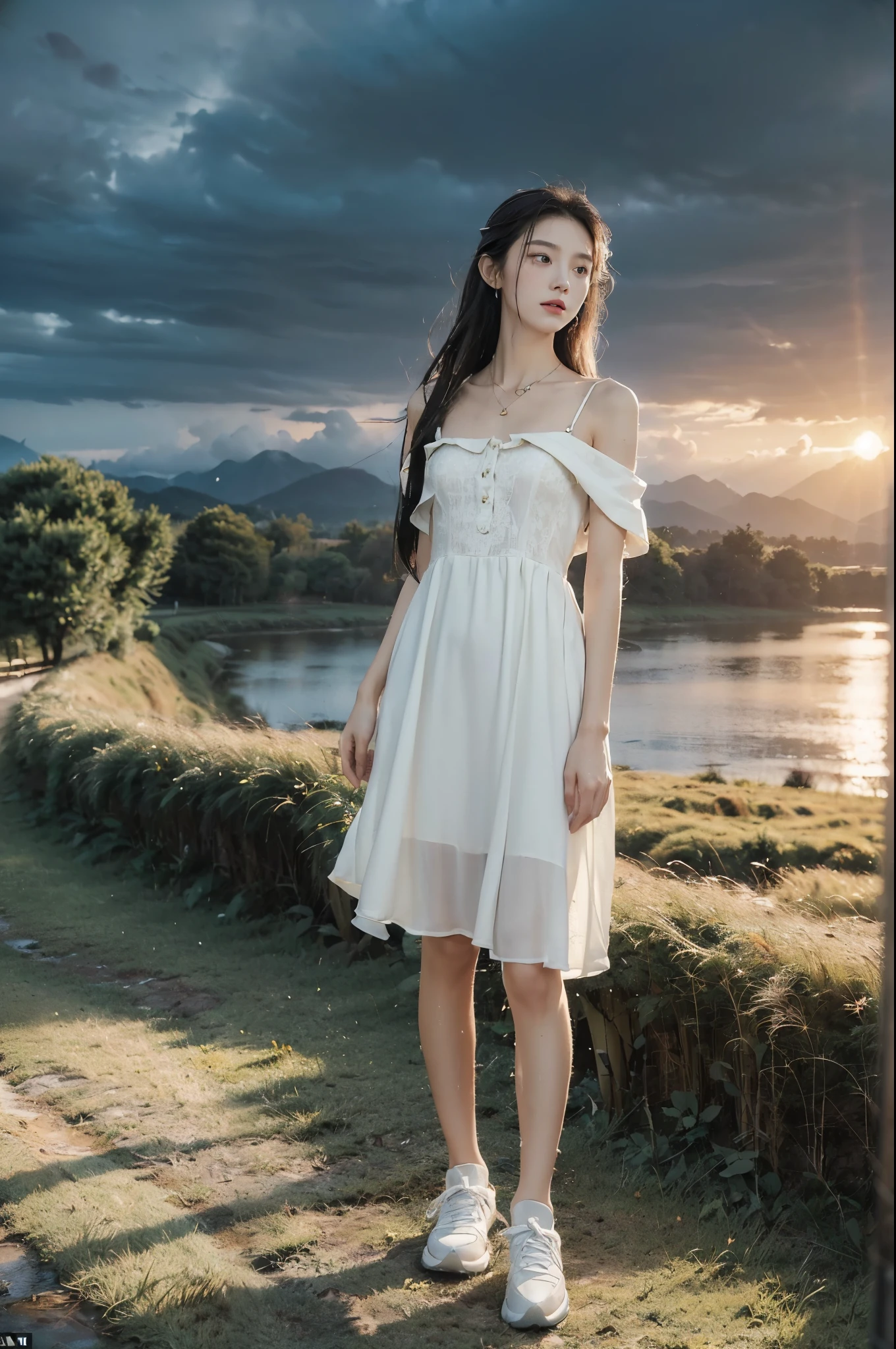 (((best quality))),(((ultra detailed))),(((masterpiece))),illustration,((1 beautiful girl,solo)),((slim,thin,flat chest)),(shoulder length straight hair:1.2),flowing hair,fair skin,(shiny skin:1.3),detailed eyes,laughing,(shirt-dress:1.3),delicate necklace,grass,dewdropletts,trees,bird chirping,serenity,gratitude,awe,wonders of nature,peace,contentment,magnificent world,summer,(pitch-dark dawn:1.5),(night scene:1.3),((full body,from front)),after rain,(wet:1.3),standing,on the path,At the mountaintop,confident gaze,elegant posture,mysterious atmosphere,solemn mood,dawn approaching,detailed decorations,(sunrise:1.3),(cloudy sky:1.2),rainbow,(Rural Landscape:1.2),horizon,slender legs,sneakers,(arms behind back:1.2)