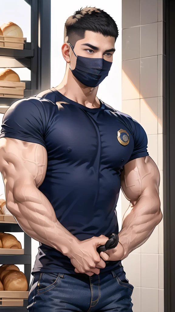 (handsome Man),(crew cut short hair:1.8),black eye,(Wear a fitted round neck t-shirt in navy with a police badge.:1.5),(fit neck),Navy blue jeans,(black_gloves:1.2), Korean guy,chest muscles,large arm muscles,blood vessel,Big muscles,Broad shoulders, (open mouth:1.2),(face up:1.2),(open eyes:1.5), middle of the road,smile,(backpack:1.3), In front of the bread shop ,(navy Cotton Mask:1.3