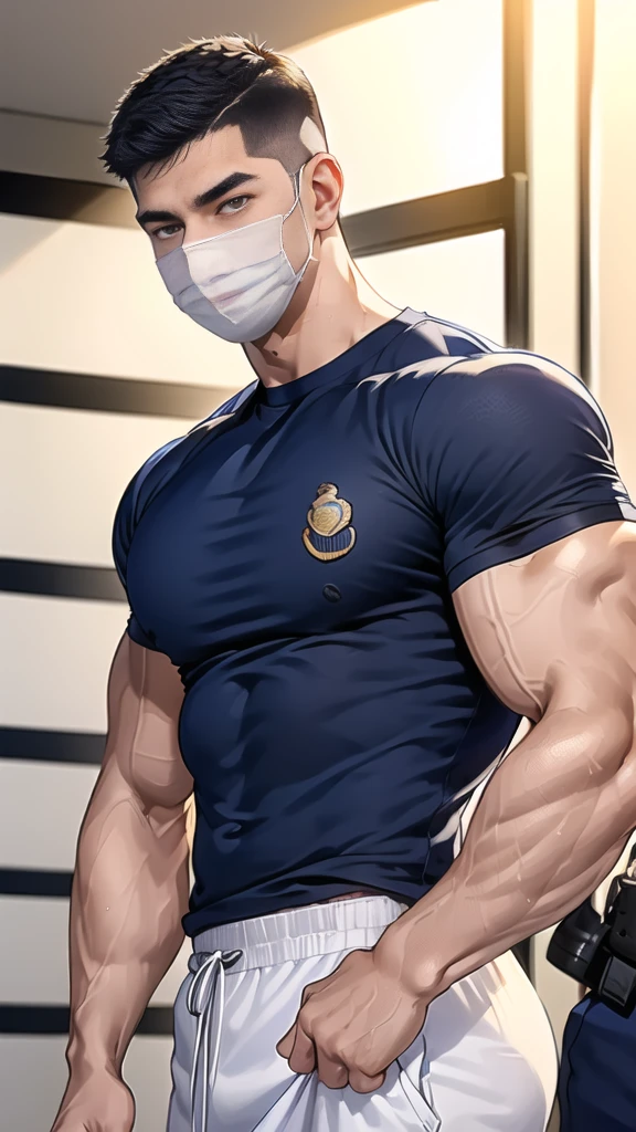 (handsome Man),(crew cut short hair:1.8),black eye,(Wear a fitted round neck t-shirt in navy with a police badge.:1.5),(fit neck),Navy blue jeans,(black_gloves:1.2), Korean guy,chest muscles,large arm muscles,blood vessel,Big muscles,Broad shoulders, (open mouth:1.2),(face up:1.2),(open eyes:1.5), middle of the road,smile,(backpack:1.3), In front of the bread shop ,(navy Cotton Mask:1.3