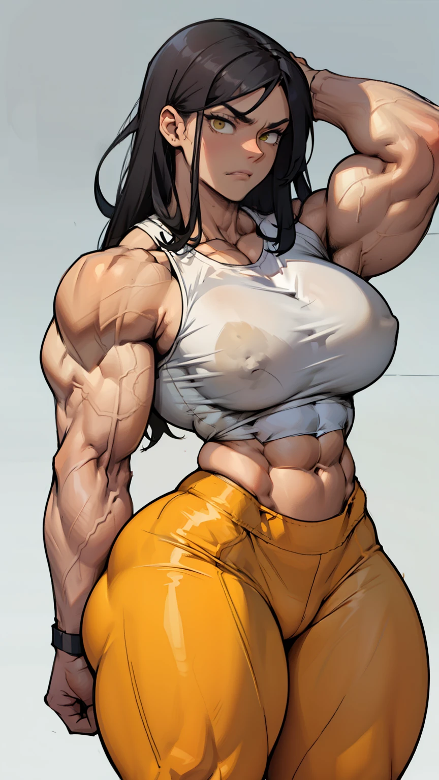 massive breasts huge muscles muscular girl toned body bodybuilder grey background leggings tight shirt black hair yellow eyes pale skin long hair wide hips curvy thick thighs thick thick thick thick tight sad frown expressionless