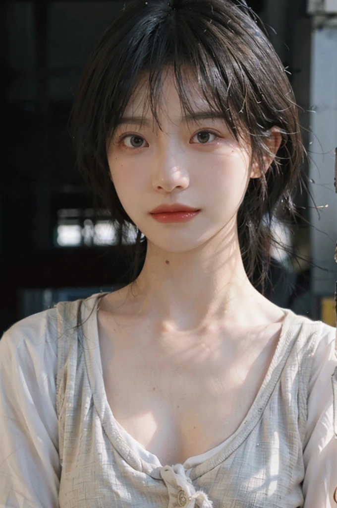 1 girl,short hair,A faint smile,serene, calm,Vest,Moles under the eyes,Exquisite eyes, Delicate face,Lipstick,earrings,Hair details, (Large Breasts:1.0),outdoor,Seaside background,seaside,(Skin details:1.4),(Realistic and detailed eyes:1.2), Natural skin texture, Realistic facial details,Close-up of face,Portrait Photography,(Portrait Photography:1.1), (smooth skin textures:1.3), (Highest quality real skin textures:1.4), Direct vision,Soft dramatic lighting, Vivid details, 35 mm film, (Photo Practical:1.4), (hyper Practical:1.4), (Practical:1.3), (Smoother lighting:1.05), (Improve lighting quality:0.9), (Enhance the beauty of skin texture:1.1), Depth of Field, Bokeh, Surrealism, Ray Tracing, ( Surrealism, High Detail, Chiaroscuro, Ray Tracing, reflected light, Ultra HD, Ultra HD, masterpiece, Textured Skin, Super Detail, High Detail, high quality, best quality