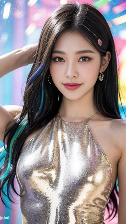 ((Highest quality, 8K, masterpiece:1.31 Girl, beautiful girl)), High resolution, cute, dynamism, Detailed face, Detailed skin, fine grain, Detailed lips, Realistic, RAW Photos, Natural light, Perfect Anatomy, Dynamic pose, Toned Legs, double eyelid, Tear bags, Round eyes, Moist lips, (Colorful body, Colorful liquid on naked body:1.2), Colorful Hair, Rainbow Hair, Colorful background, Japanese Girls, Cowboy Shot, Sweaty, smile, Liquid Art, Half closed eyes, Upper Body, SFW