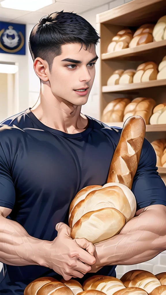 (NSFW: 1.5), (handsome Man sitting on table eating bread ),(crew cut short hair:1.8),black eye,(Wear a fitted round neck t-shirt in navy with a police badge.:1.5),(fit neck),Navy blue jeans,(black_gloves:1.2), Korean guy,chest muscles,large arm muscles,blood vessel,Big muscles,Broad shoulders, (open mouth:1.2),(face up:1.2),(open eyes:1.5), middle of the road,smile, In the bread shop,