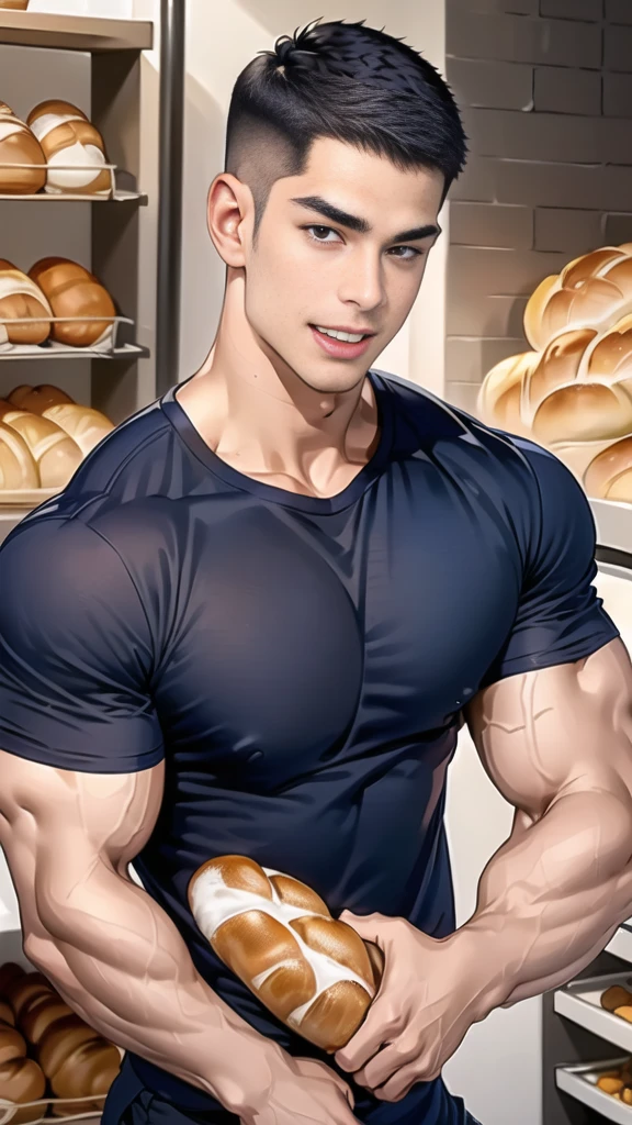 (handsome Man),(crew cut short hair:1.8),black eye,(Wear a fitted round neck t-shirt in navy with a police badge.:1.5),(fit neck),Navy blue jeans,(black_gloves:1.2), Korean guy,chest muscles,large arm muscles,blood vessel,Big muscles,Broad shoulders, (open mouth:1.2),(face up:1.2),(open eyes:1.5), middle of the road,smile, In the bread shop, (bread in hand)