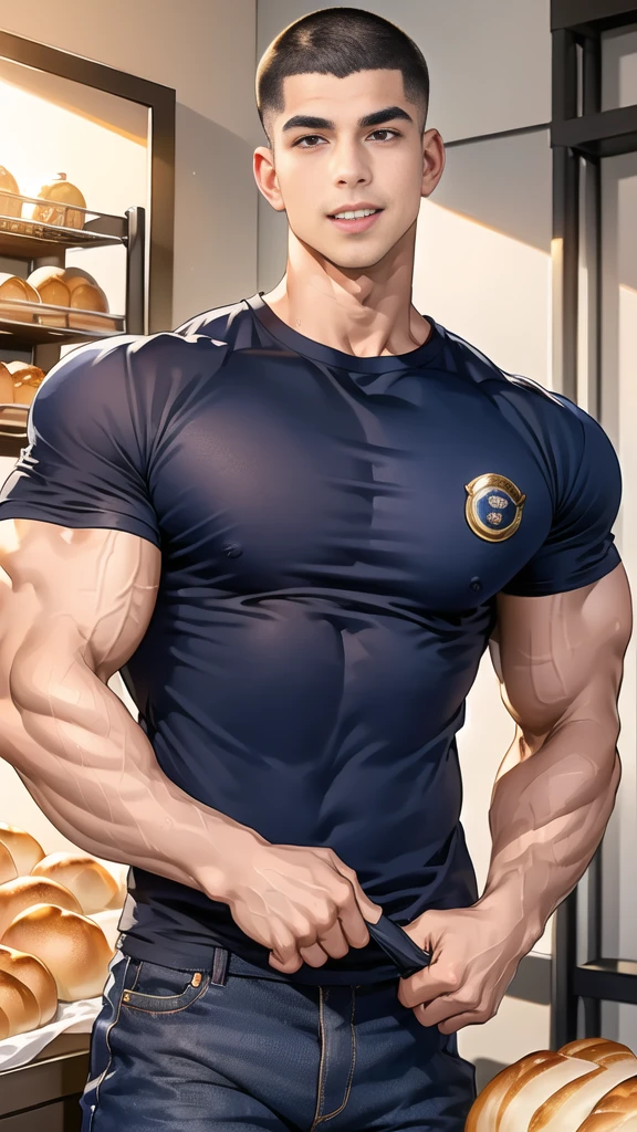 (handsome Man),(crew cut short hair:1.8),black eye,(Wear a fitted round neck t-shirt in navy with a police badge.:1.5),(fit neck),Navy blue jeans,(black_gloves:1.2), Korean guy,chest muscles,large arm muscles,blood vessel,Big muscles,Broad shoulders, (open mouth:1.2),(face up:1.2),(open eyes:1.5), middle of the road,smile, In the bread shop, (bread in hand)