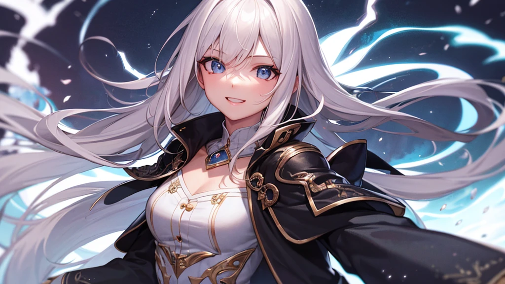 Highest quality, 8K, 4K, High resolution, (Beautifully detailed face), High Contrast,Colorful Hair,Colorful and clear eyes,Upper Eye,Small breasts,２０generation, The magic of lightning, Brown Skin, Happy, Upper Body, smile , One girl