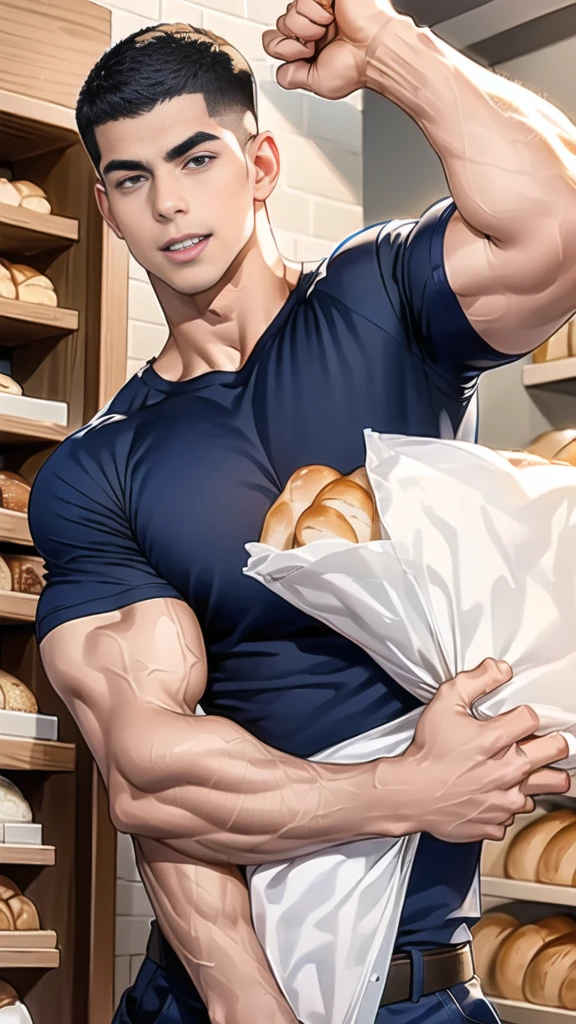 (handsome Man),(crew cut short hair:1.8),black eye,(Wear a fitted round neck t-shirt in navy with a police badge.:1.5),(fit neck),Navy blue jeans,(black_gloves:1.2), Korean guy,chest muscles,large arm muscles,blood vessel,Big muscles,Broad shoulders, (open mouth:1.2),(face up:1.2),(open eyes:1.5), middle of the road,smile, In the bread shop, (bread in hand)