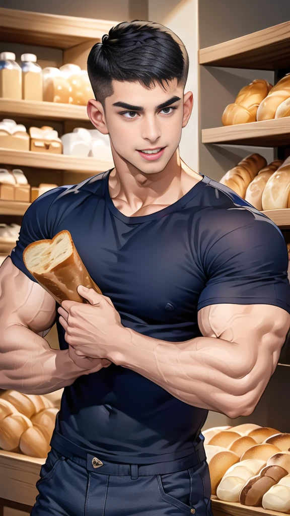 (handsome Man),(crew cut short hair:1.8),black eye,(Wear a fitted round neck t-shirt in navy with a police badge.:1.5),(fit neck),Navy blue jeans,(black_gloves:1.2), Korean guy,chest muscles,large arm muscles,blood vessel,Big muscles,Broad shoulders, (open mouth:1.2),(face up:1.2),(open eyes:1.5), middle of the road,smile, In the bread shop, (bread in hand)