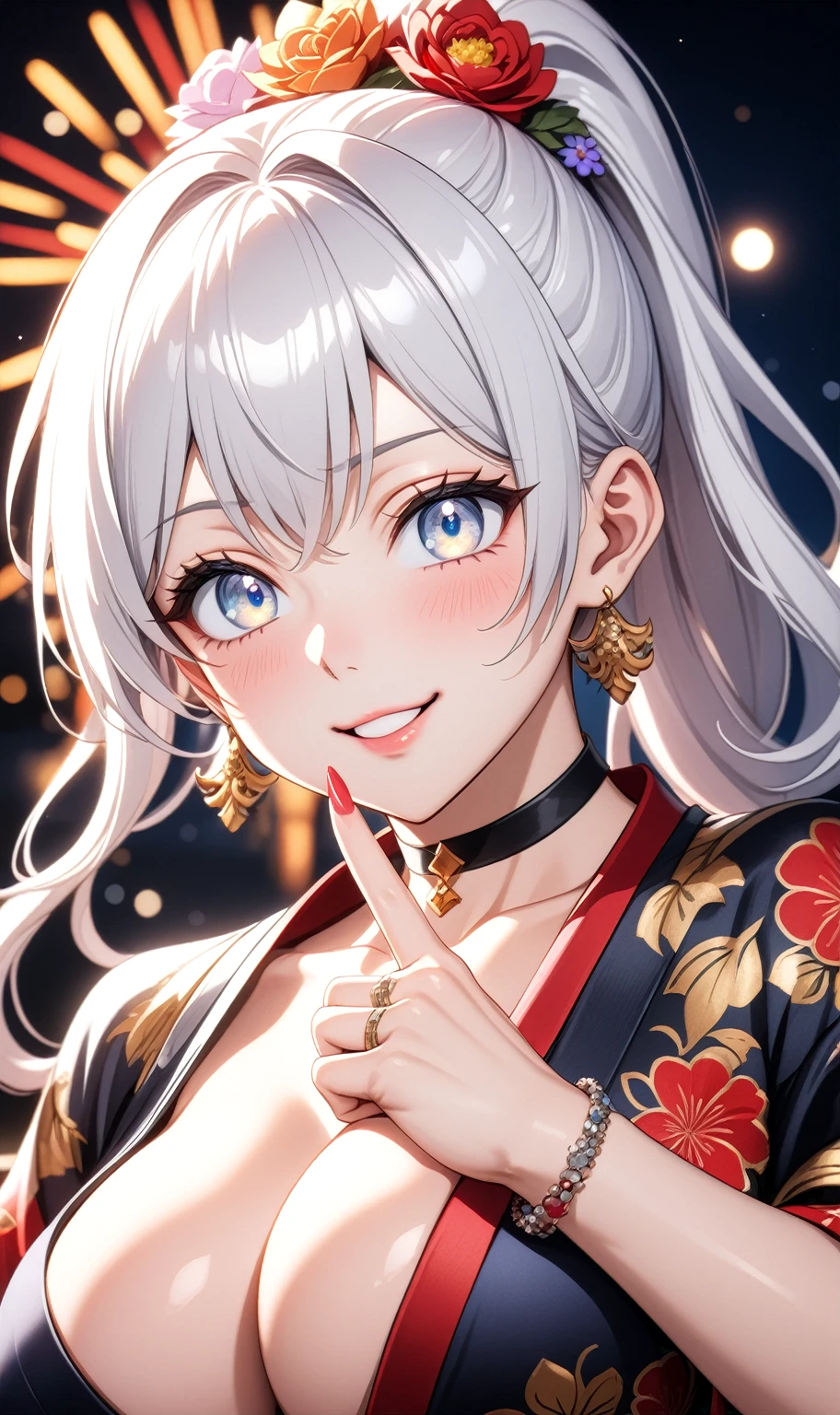 ((One personの女性)), Beautiful Face, ((Wink:1.8)), (looking through legs), Laugh with your mouth wide open,((Bright red cheeks:1.4)),Shiny red lips,night,coastal,You can see the ocean, firework,Laughing with your mouth open,Glossy pink lips,Facial lighting,((Anime style background)),masterpiece, Highest quality, so beautiful,up to date, Complex details, (Pink long nails), (4fingers and 1thumbs), (ring),(bracelet),(choker),AI-generated, Complex,High resolution, Highest quality, super high quality,3D Images、3D Images,One person,Long white hair,High Ponytail,(blue eyes),Anime woman posing for a photo, ((Fine grain、Silvery white colorful eyes、Shining Eyes:1.3)),(Squint your eyes:1.1),a hyperRealistic , hyperRealistic , Realistic,Anime woman with long white hair, Smooth anime CG art, A woman in a colorful kimono with gold embroidery, (Black long sleeve kimono),Red floral pattern,Long flower hair ornament,Earrings,Mature Body,(Big Breasts:1.1),Tall,Abdominal muscles,Narrow waist,(Zoom up to face:1.6),(front view),