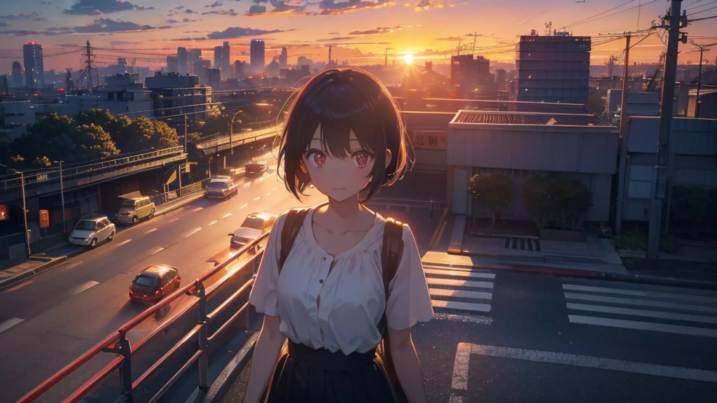 A shining sunset,sunset,Cars passing by on the road,Top-down view,Tokyo city,traffic jam,A girl with short bob hair and red eyes looking down on a footbridge