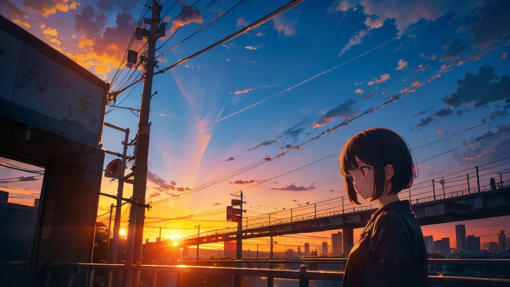 A shining sunset,sunset,Cars passing by on the road,Top-down view,Tokyo city,traffic jam,A girl with short bob hair and red eyes looking down on a footbridge