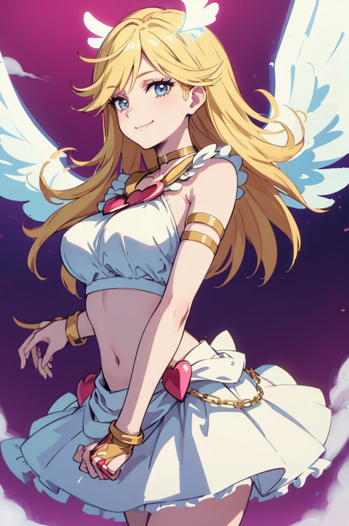 masterpiece, best quality, crop top, brooch, bridal gauntlets, white skirt, choker, armlet, bracelet, angel wings, clouds, pink background, smile, bright, big round breasts,