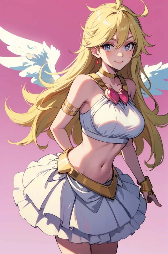 masterpiece, best quality, crop top, brooch, bridal gauntlets, white skirt, choker, armlet, bracelet, angel wings, clouds, pink background, smile, bright, huge round breasts, poses, flashing,