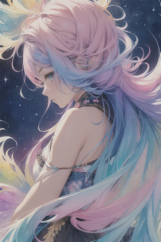 (masterpiece, top quality, best quality,watercolor (medium),official art, beautiful and aesthetic:1.2),(1girl:1.3), (fractal art:1.3),upper body, from side, looking at viewer,patterns,(rainbow color Hair,colorful hair,half blue and half pink hair:1.2),water,liquid, cloud,colorful, starry,stars,