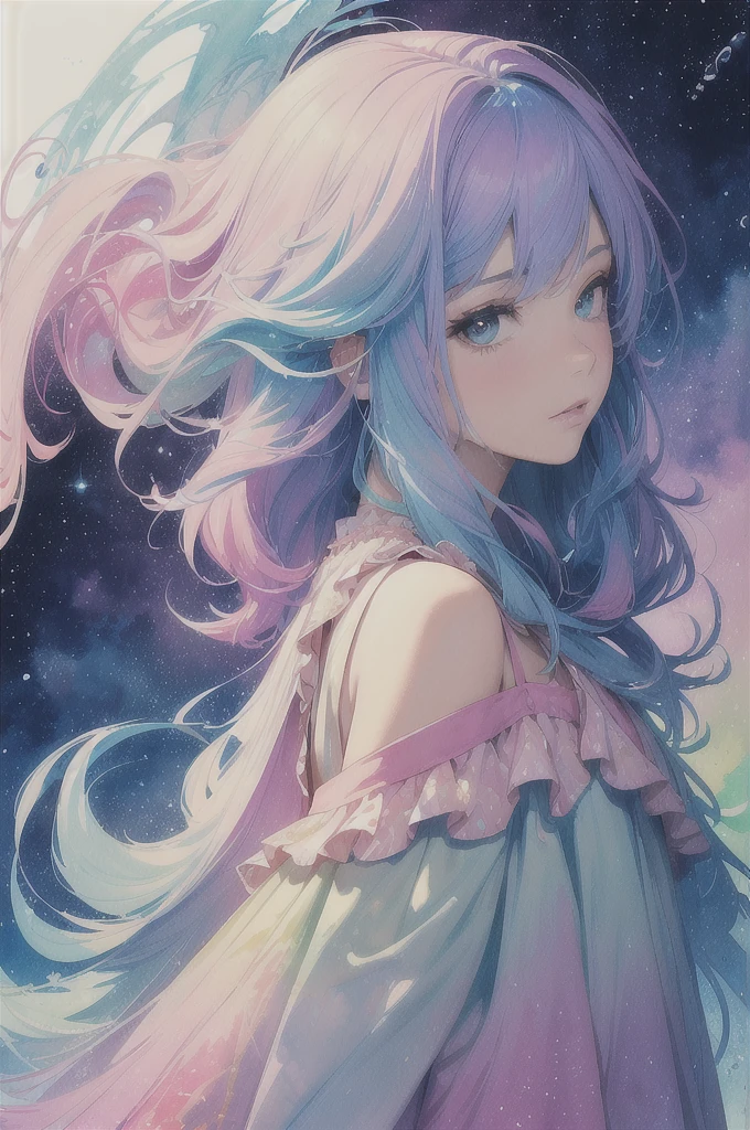 (masterpiece, top quality, best quality,watercolor (medium),official art, beautiful and aesthetic:1.2),(1girl:1.3), (fractal art:1.3),upper body, from side, looking at viewer,patterns,(rainbow color Hair,colorful hair,half blue and half pink hair:1.2),water,liquid, cloud,colorful, starry,stars,