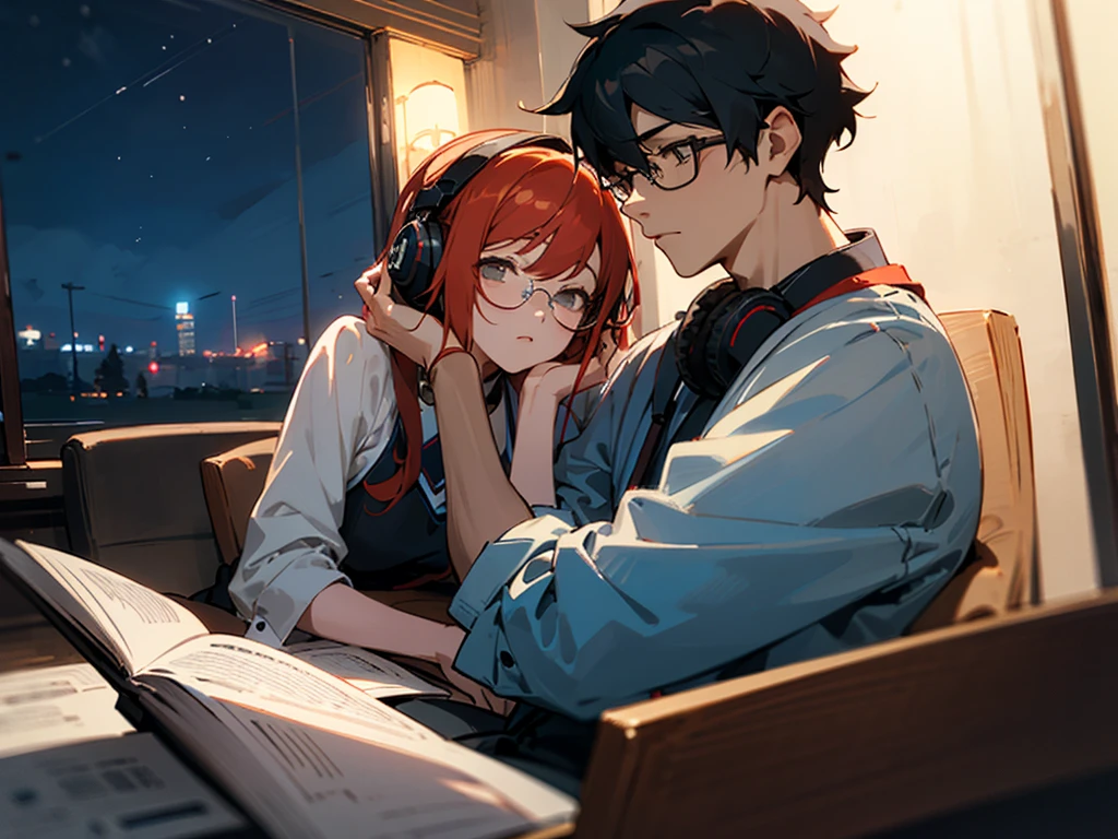 A man with black hair and glasses studying at night、A redhead woman is relaxing next to him, listening to headphones、４ｋ、Anime atmosphere、28 years old
