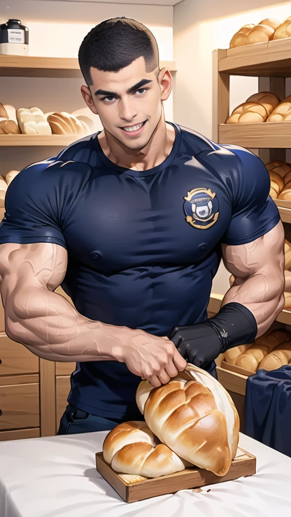 (handsome Man sitting on table eating bread ),(crew cut short hair:1.8),black eye,(Wear a fitted round neck t-shirt in navy with a police badge.:1.5),(fit neck),Navy blue jeans,(black_gloves:1.2), Korean guy,chest muscles,large arm muscles,blood vessel,Big muscles,Broad shoulders, (open mouth:1.2),(face up:1.2),(open eyes:1.5), middle of the road,smile, In the bread shop, 