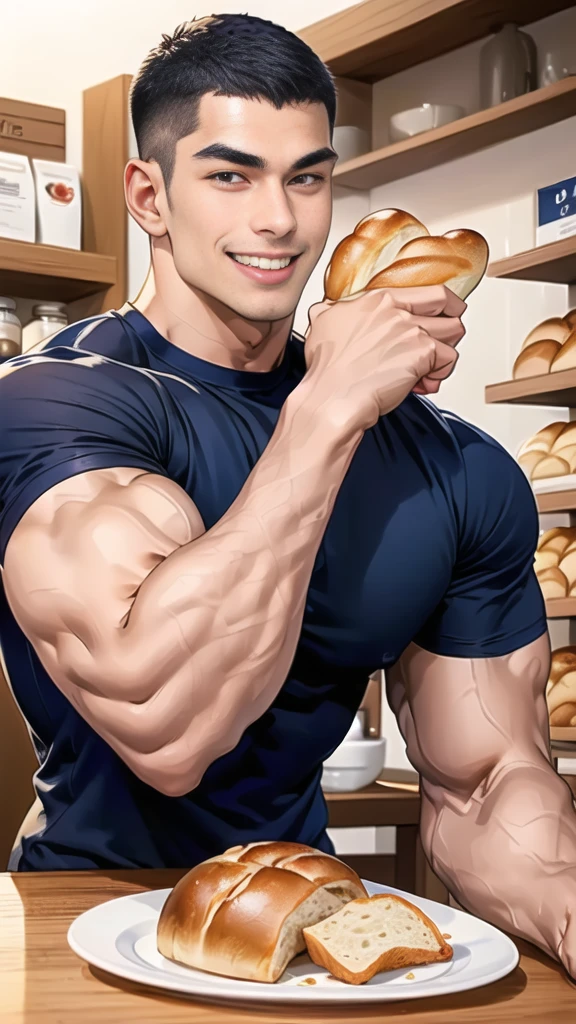 (handsome Man sitting on table eating bread ),(crew cut short hair:1.8),black eye,(Wear a fitted round neck t-shirt in navy with a police badge.:1.5),(fit neck),Navy blue jeans,(black_gloves:1.2), Korean guy,chest muscles,large arm muscles,blood vessel,Big muscles,Broad shoulders, (open mouth:1.2),(face up:1.2),(open eyes:1.5), middle of the road,smile, In the bread shop, 