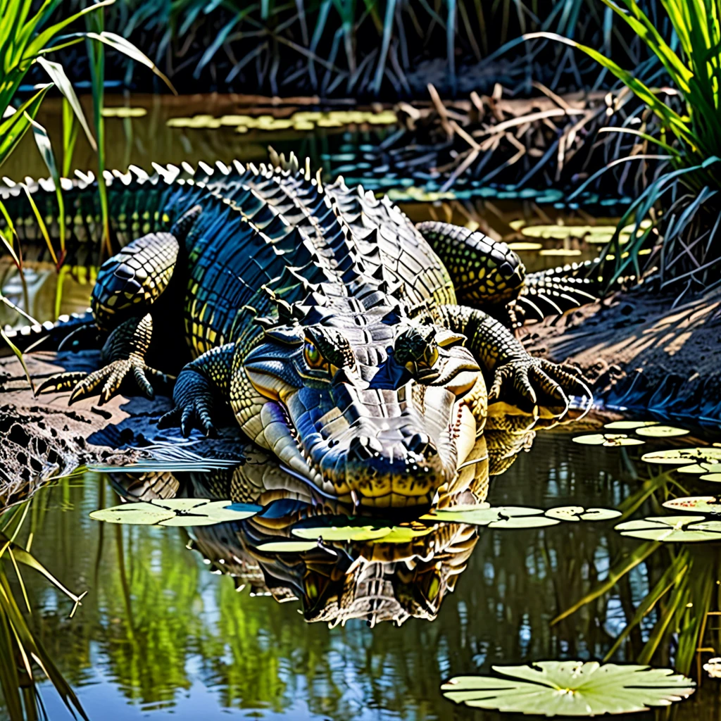 Southeastern region,pond,A crocodile,RAW,uhd,8K,Detailed Details,Best quality,Perfect color matching,Sense of atmosphere,Masterpieces shot by international photography masters,National Geographic Photography Award Winners