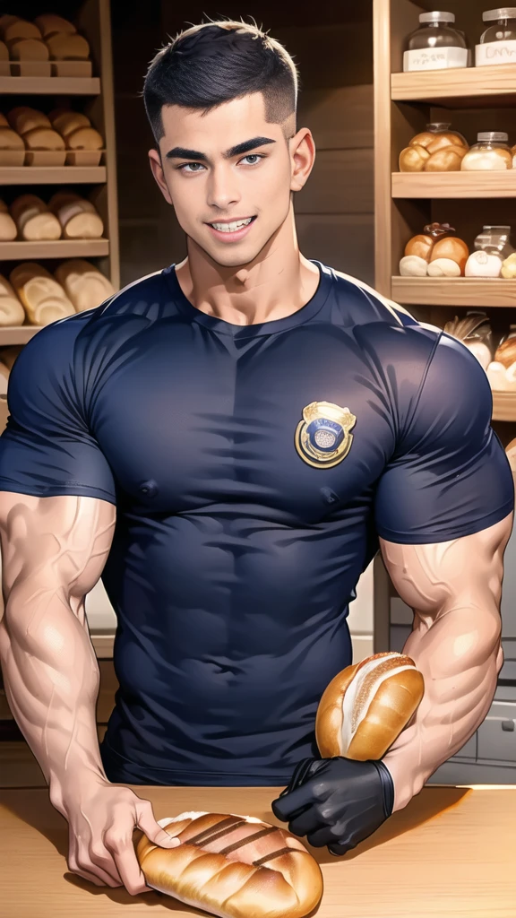 (NSFW: 1.5), (handsome Man sitting on table eating bread ),(crew cut short hair:1.8),black eye,(Wear a fitted round neck t-shirt in navy with a police badge.:1.5),(fit neck),Navy blue jeans,(black_gloves:1.2), Korean guy,chest muscles,large arm muscles,blood vessel,Big muscles,Broad shoulders, (open mouth:1.2),(face up:1.2),(open eyes:1.5), middle of the road,smile, In the bread shop,