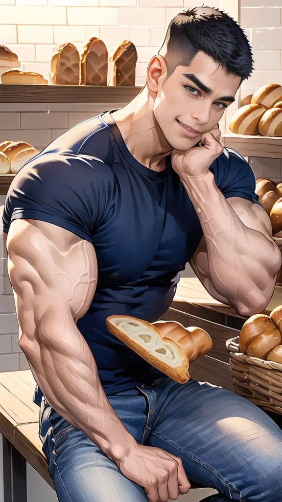 (NSFW: 1.5), (handsome Man sitting on table eating bread ),(crew cut short hair:1.8),black eye,(Wear a fitted round neck t-shirt in navy with a police badge.:1.5),(fit neck),Navy blue jeans,(black_gloves:1.2), Korean guy,chest muscles,large arm muscles,blood vessel,Big muscles,Broad shoulders, (open mouth:1.2),(face up:1.2),(open eyes:1.5), middle of the road,smile, In the bread shop,