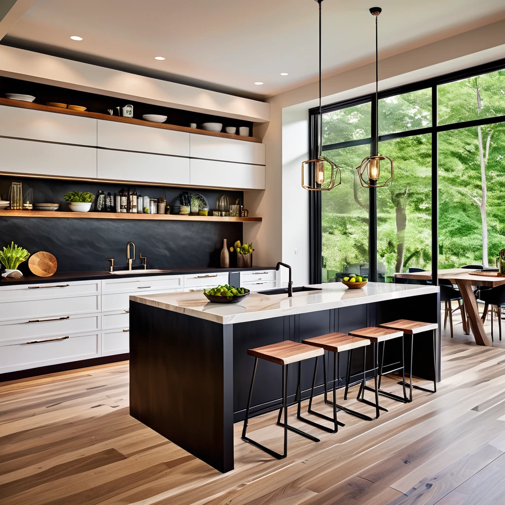 Create a contemporary kitchen that combines modern and natural elements. The focal point should be a live-edge wooden countertop on the island, paired with sleek white cabinetry and black countertops. Incorporate stylish geometric bar stools and pendant lighting above the island to add sophistication. The backsplash should be light-colored to complement the overall design. Ensure the kitchen is well-lit with natural light, creating a warm and welcoming environment.