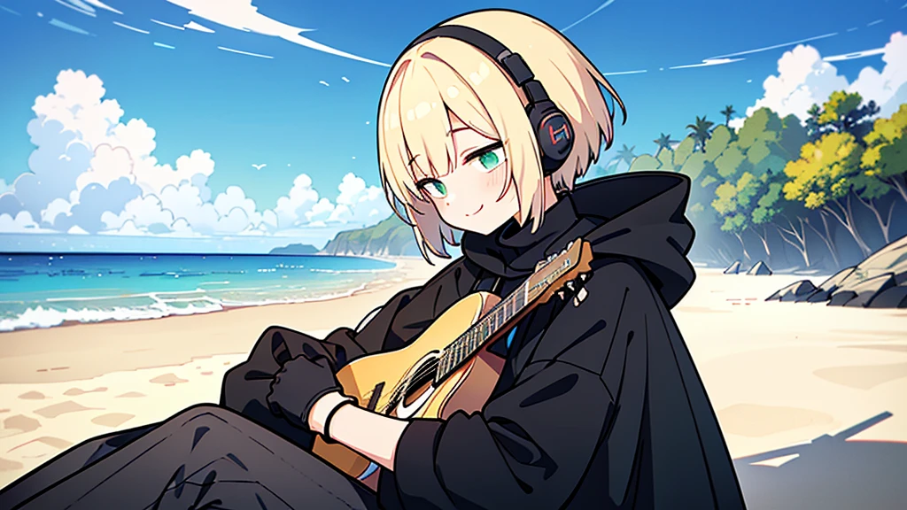 ((highest quality)), ((masterpiece)), (be familiar with), (Playing guitar on the beach)short hair、perfect face,white half-up hair,green mesh blonde、Smoke a cigarette、cool black hoodie,headphones,black gloves,turtleneck,alone,İcon、profile、Right beside、Expressionless、smile、Light-colored clothing