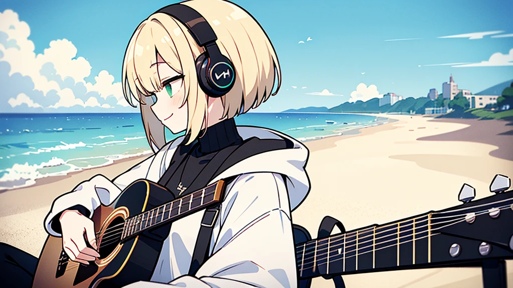 ((highest quality)), ((masterpiece)), (be familiar with), (Playing guitar on the beach)short hair、perfect face,white half-up hair,green mesh blonde、Smoke a cigarette、cool black hoodie,headphones,black gloves,turtleneck,alone,İcon、profile、Right beside、Expressionless、smile、Light-colored clothing