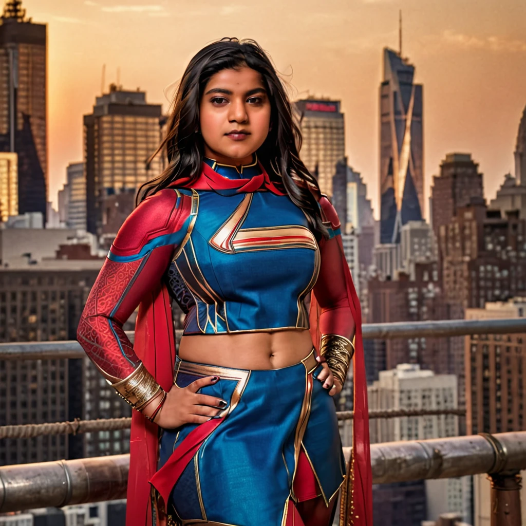 kamala khan as ms marvel, typical young indian woman , wearing saree version of ms marvel costume, bare midriff, clearly look of sexy pattern bra, nsfw seductive pose, detailed face, studio light, sharp focus, creamy shining body, new york background