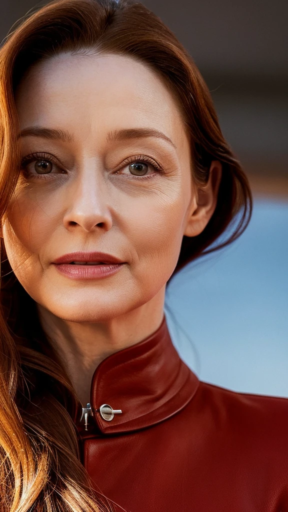 Fondo de pantalla de alta definición, sunrise ,RAW, A woman,37 years old , ( SFW), [ great detail: ( eyes :Miranda Otto),( Eyelids : vesper lynd),(between eyebrows:vesper lynd),(Eyebrows : Vesper lynd),(forehead: vesper lynd),(nose:Miranda Otto),(boca: Miranda Otto),(jawline: Miranda Otto), ( jaw angle: Vesper lynd) ,( breasts: Vesper lynd),(legs : vesper lynd), wears a leather jacket,elegant pants