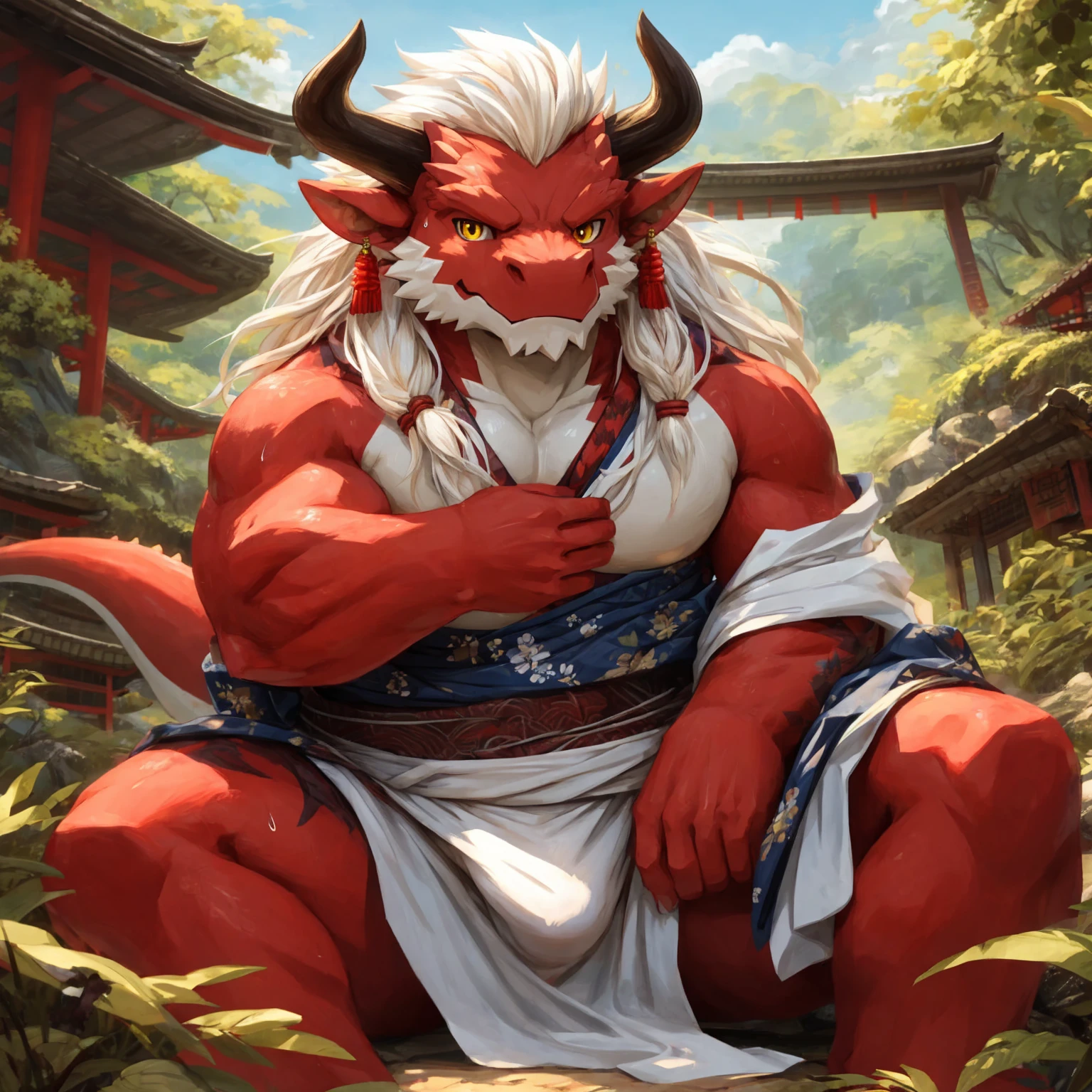 ultra-detailed, masterpiece, masterwork, high quality, best quality, hdr, (nature, japanese style), nsfw, male, solo, chibi, dragon, ((bare yukata, bulge loincloth, white loincloth)), (little red body minotaur), (white chubby body), (long golden hair, yellow eyes, cool eyes), sitting, dynamic angle, earrings, sweat