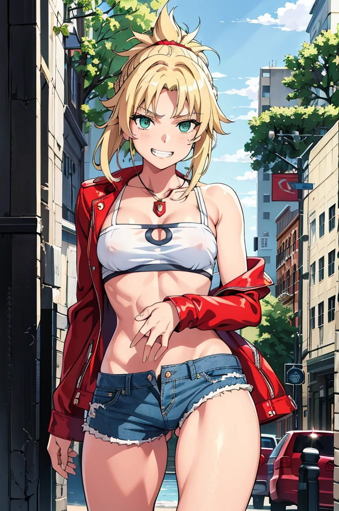 masterpiece, Highest quality, figure, City Street, One girl, Mordred \(destiny\), Cowboy Shot, clavicle, Detailed blonde hair ponytail braid, Green Eyes, White short blouse, Denim shorts,belly button,Up to the thighs,Grin, Covered_Pussy,skin,Beautiful legs,Beautiful Hands,Give both