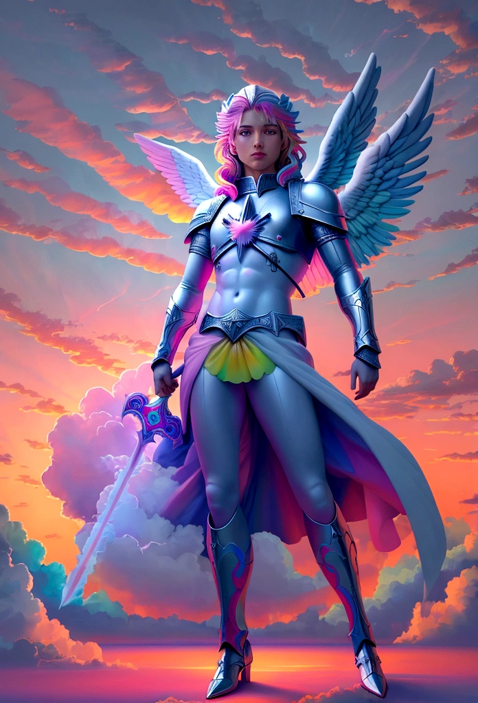 (((photo by full body))) by Archangel Michael Man, photorealistic angel of God of an angel with sword in hand (in the middle of the sky with colorful clouds: 1.50), It&#39;s not the Charlie Bowater style, exaggerated facial features, Mysterious symbolism, magie, esoteric, Mystic, Speeches, hioglyphic, lazy, achirax um, defined face