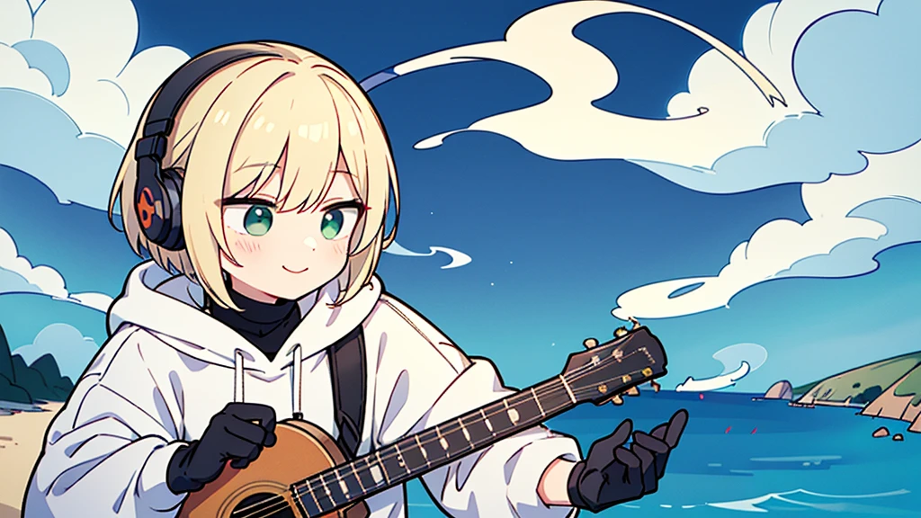 ((highest quality)), ((masterpiece)), (be familiar with), (Playing guitar on the beach)short hair、perfect face,white half-up hair,green mesh blonde、Smoke a cigarette、cool black hoodie,headphones,black gloves,turtleneck,alone,İcon、profile、Right beside、Expressionless、smile、Light-colored clothing