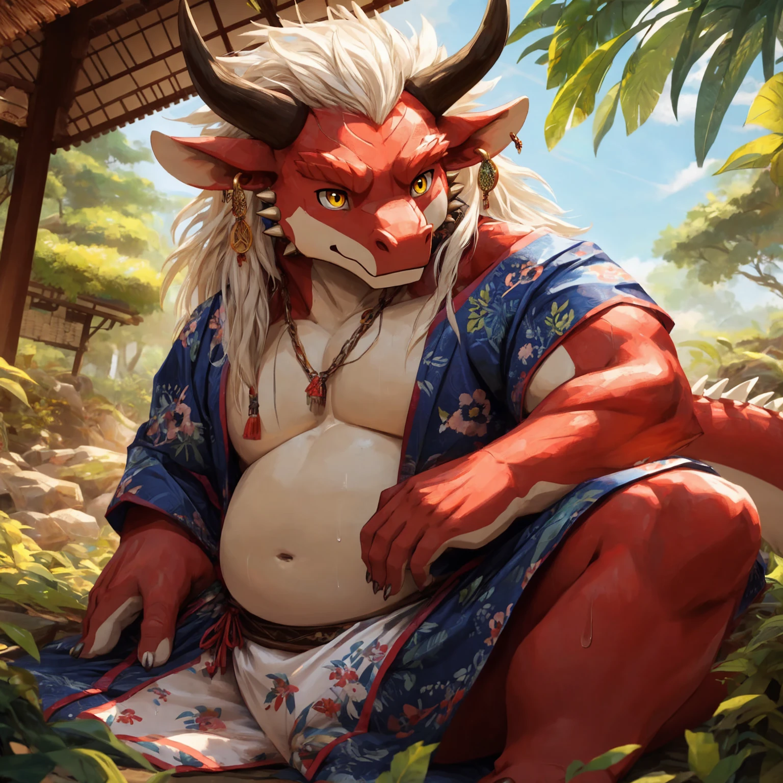 ultra-detailed, masterpiece, masterwork, high quality, best quality, hdr, (nature, japanese style), nsfw, male, solo, chibi, dragon, ((bare yukata, bulge loincloth, white loincloth)), (little red body minotaur), (white chubby body), (long golden hair, yellow eyes, cool eyes), sitting, dynamic angle, earrings, sweat