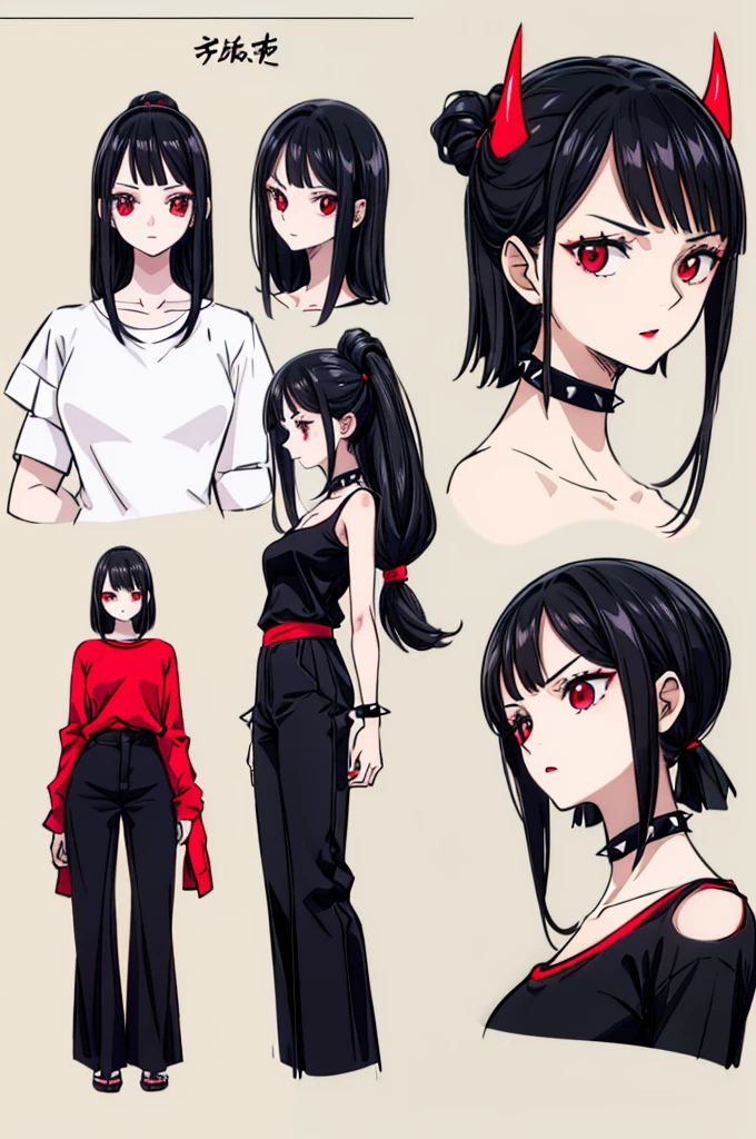 (full body) (same character front, back, side view) (model sheet) (multiple views of the same character), beautiful red eyes, anime woman, perfect anatomy, delicate face, short black hair, skin very white, black nails, black lips, wearing black leggins, small black t-shirt, black choker with spikes, black bracelets
