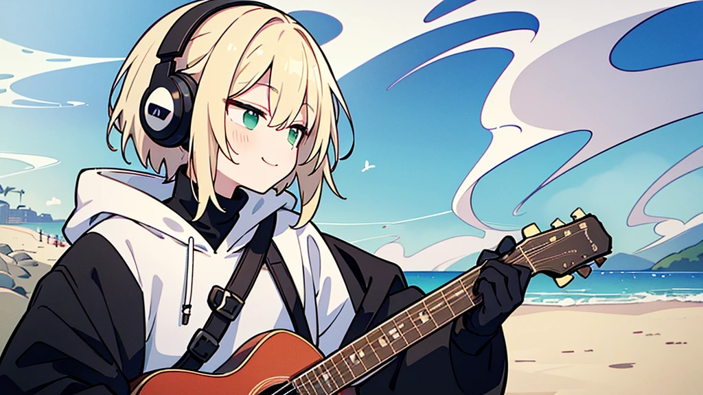 ((highest quality)), ((masterpiece)), (be familiar with), (Playing guitar on the beach)short hair、perfect face,white half-up hair,green mesh blonde、Smoke a cigarette、cool black hoodie,headphones,black gloves,turtleneck,alone,İcon、profile、Right beside、Expressionless、smile、Light-colored clothing