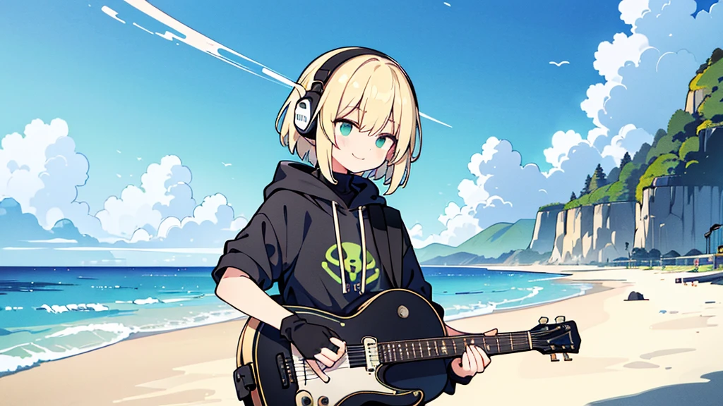 ((highest quality)), ((masterpiece)), (be familiar with), (Playing guitar on the beach)short hair、perfect face,white half-up hair,green mesh blonde、Smoke a cigarette、cool black hoodie,headphones,black gloves,turtleneck,alone,İcon、profile、Right beside、Expressionless、smile、Light-colored clothing