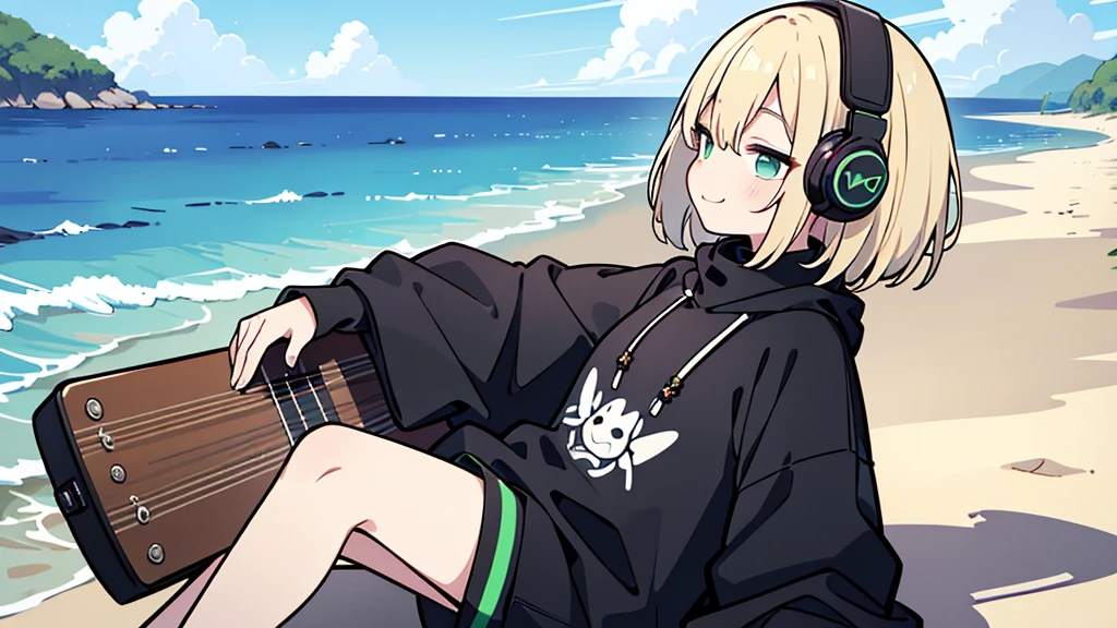 ((highest quality)), ((masterpiece)), (be familiar with), (Playing guitar on the beach)short hair、perfect face,white half-up hair,green mesh blonde、Smoke a cigarette、cool black hoodie,headphones,black gloves,turtleneck,alone,İcon、profile、Right beside、Expressionless、smile、Light-colored clothing