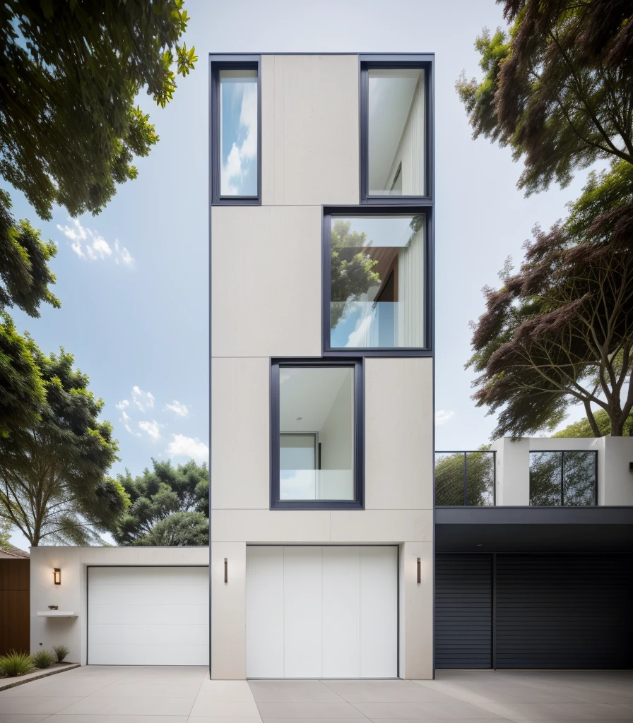 Raw photo, Masterpiece, high quality, best quality, realistic, super detailed, exterior, outdoor, Wallhoagio, house, modern style, on the street, flower wall, glass door, white wall , gate, road metal railing, sidewalk, grass, trees, blue sky, (daylight:1.1), ((actual photo))