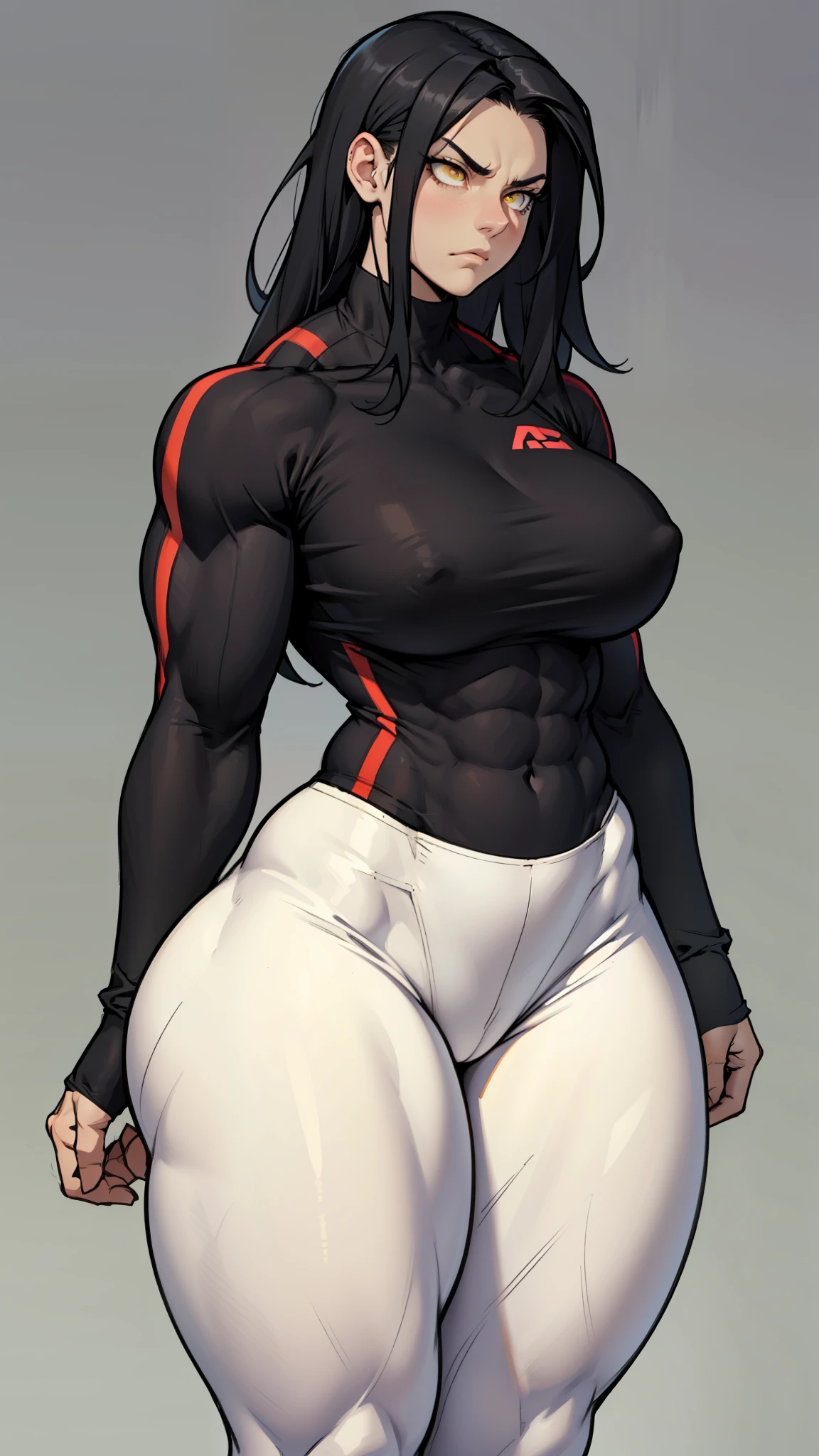 massive breasts huge muscles muscular girl toned body bodybuilder grey background leggings tight shirt black hair yellow eyes pale skin long hair wide hips curvy thick thighs thick thick thick thick tight sad frown expressionless