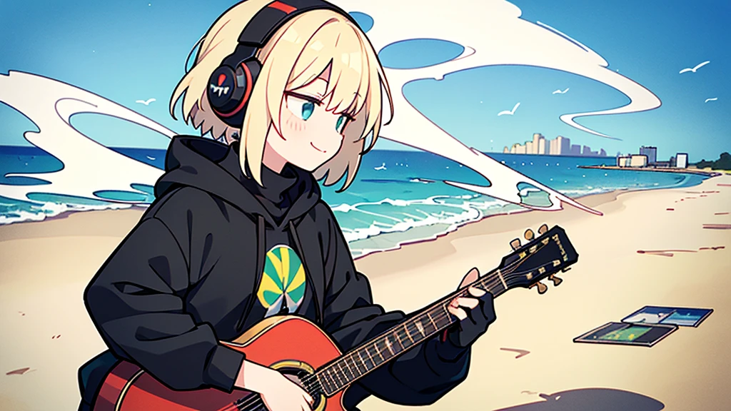 ((highest quality)), ((masterpiece)), (be familiar with), (Playing guitar on the beach)short hair、perfect face,white half-up hair,green mesh blonde、Smoke a cigarette、cool black hoodie,headphones,black gloves,turtleneck,alone,İcon、profile、Right beside、Expressionless、smile、Light-colored clothing