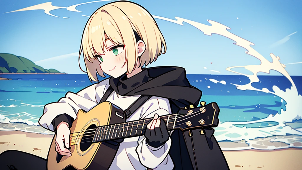 ((highest quality)), ((masterpiece)), (be familiar with), (Playing guitar on the beach)short hair、perfect face,white half-up hair,green mesh blonde、Smoke a cigarette、cool black hoodie,headphones,black gloves,turtleneck,alone,İcon、profile、Right beside、Expressionless、smile、Light-colored clothing