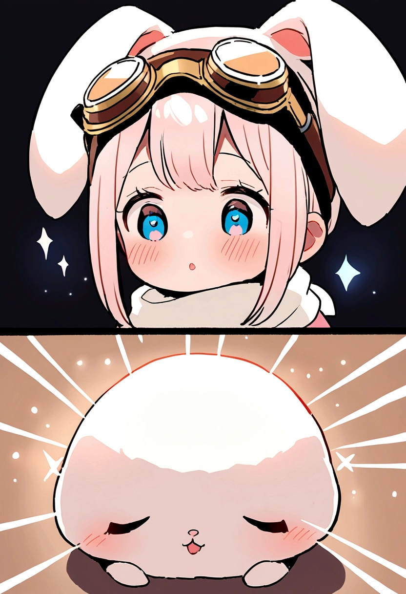 Simplify lines,2D HD,Beautiful photos,A little rabbit wearing a white scarf,Pink blush,Adorable rabbit,Rabbit with goggles on his head,Kilo,Clear lines