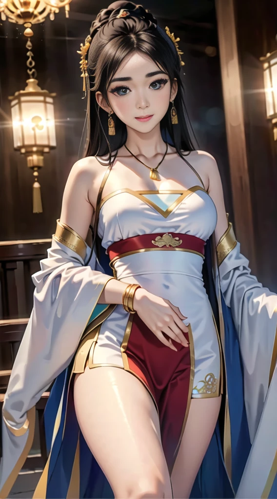 gufeng,bare shoulders, ((whole body)), ((from below)), ((gufeng,bare shoulders)), clear face, pretty face, 8K, masterpiece, original photo, best quality, detail:1.2,lifelike, detail, Very detailed, CG, Unite, wallpaper, depth of field, movie light, lens flare, Ray tracing, (extremely beautiful face, beautiful lips, beautiful eyes), complex, detail face, ((ultra detailed skin)), 1 girl, in the darkness, deep shadow, beautiful korean girl, kpop idol,(Very slim figure:1.3), plump breasts, Slender sexy legs, elegant posture, (bright smile), (City night, (neon lights), (night), beautiful korean girl, white diamond earrings, diameter bracelet, Dia Necklace, clear eyes, facing forward, (big eyes)
