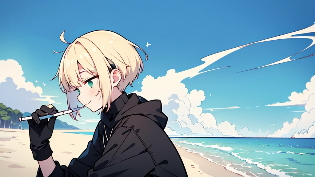 ((highest quality)), ((masterpiece)), (be familiar with), (Playing guitar on the beach)short hair、perfect face,white half-up hair,green mesh blonde、Smoke a cigarette、cool black hoodie,headphones,black gloves,turtleneck,alone,İcon、profile、Right beside、Expressionless、smile、Light-colored clothing