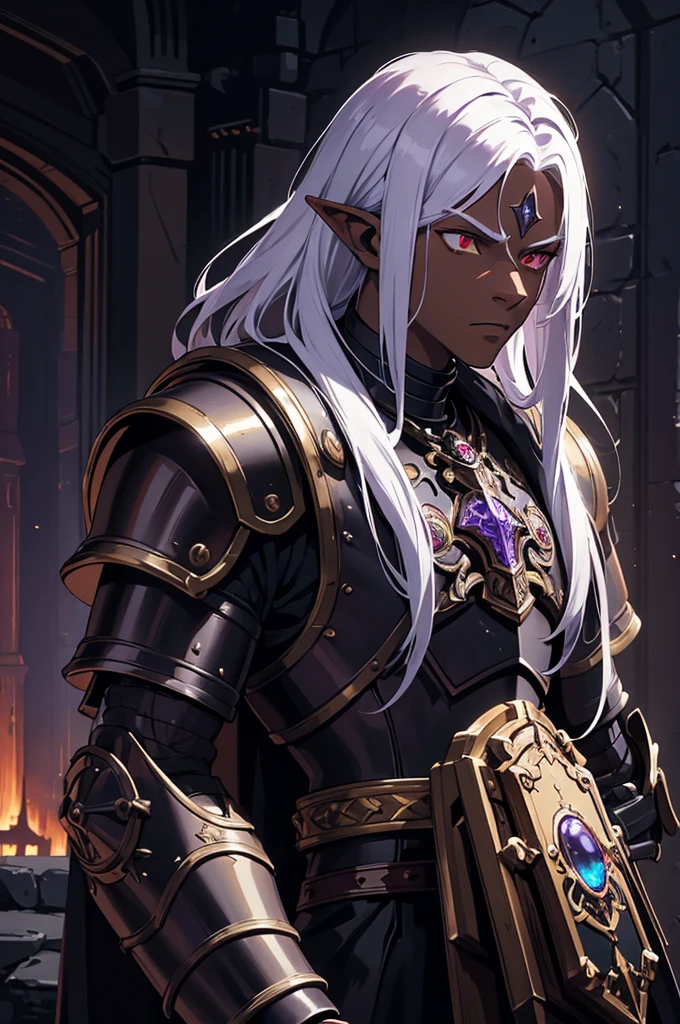 masterpiece, best quality, ultra high res, dark theme, 1boy, (dungeonpunk armor), (mechanical steampunk armor), (wearing armor), fantasy illustration, dark skinned, human, upper body, portrait, red eyes, long white hair, half-drow, pointy ears, serious face, young man, dramatic lighting, purple hue, art by Kinema Citrus